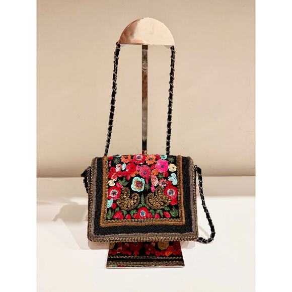 Zara Swans Embroidered Beaded/Sequin Shoulder Bag with Chain Strap Black Multi - Picture 2 of 12
